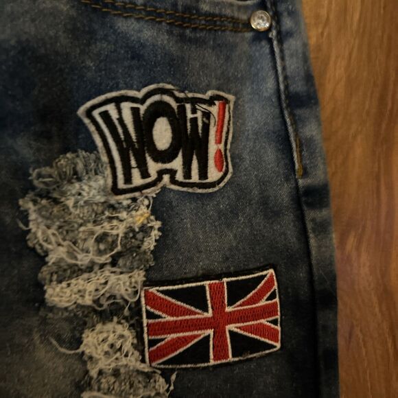 Rebel Love Skinny Applique Patches Jeans 5/6 Blue Distressed Rock Crest Heart - Picture 4 of 9